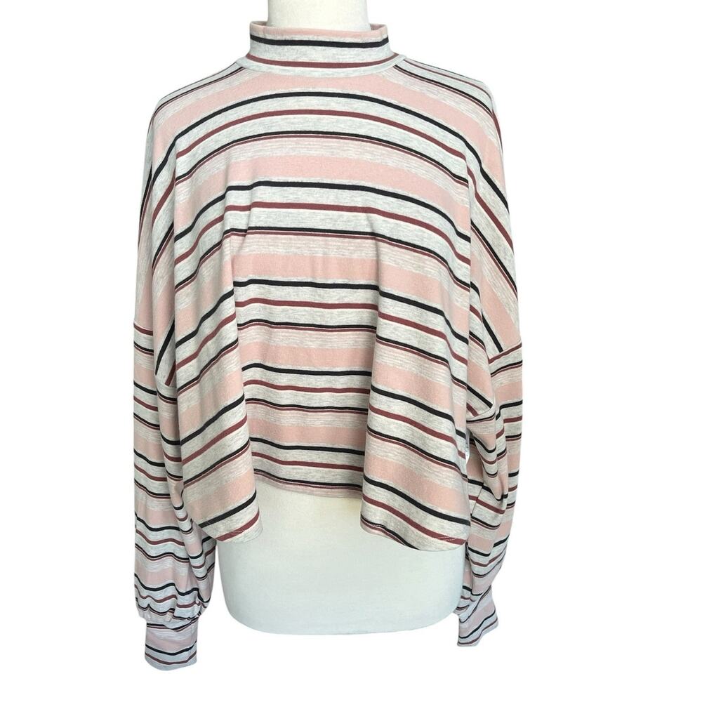 Free People Steph Striped Mock Neck Top Cropped Oversize Boho Casual Medium - Picture 2 of 14